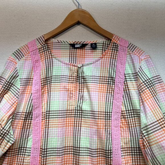 Lands End Womens Blouse Top Size1X Muticolor Plaid Keyhole Neck Casual Retro - Picture 4 of 12